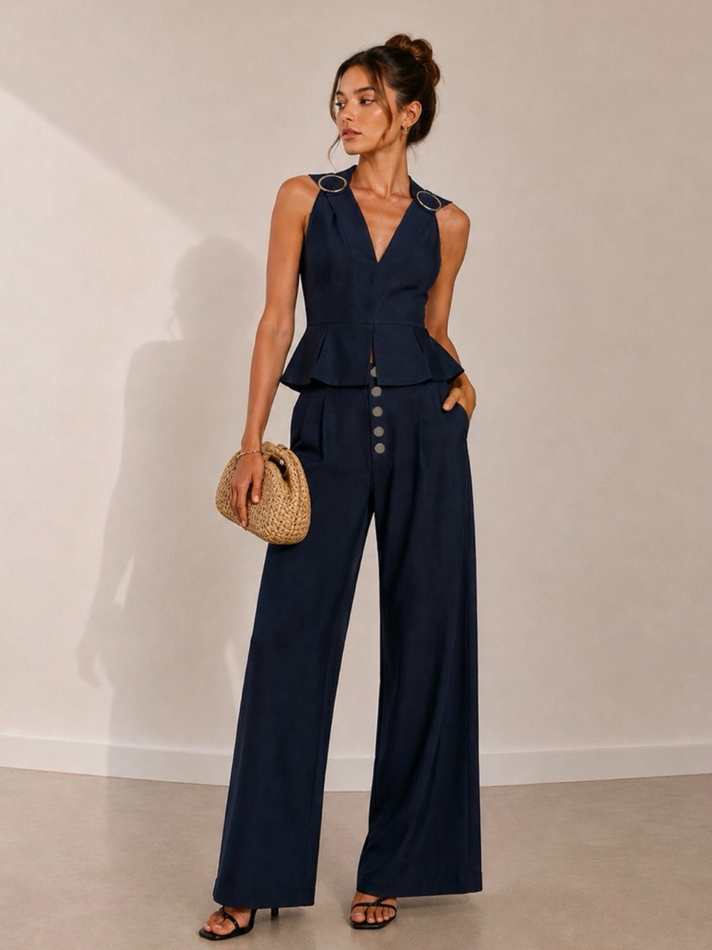Commense Ring Detail Peplum Cotton Linen Top & Pants Set